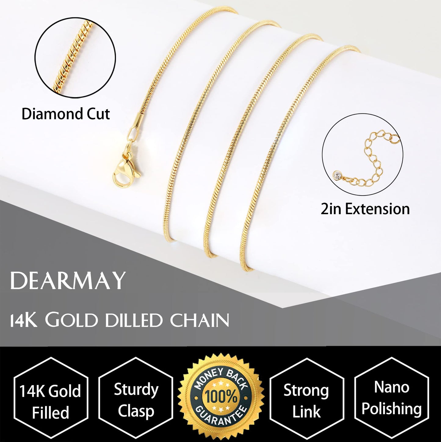 DEARMAY 14K Gold Filled Herringbone Chain Necklace for Women – 1.5MM, 16"
