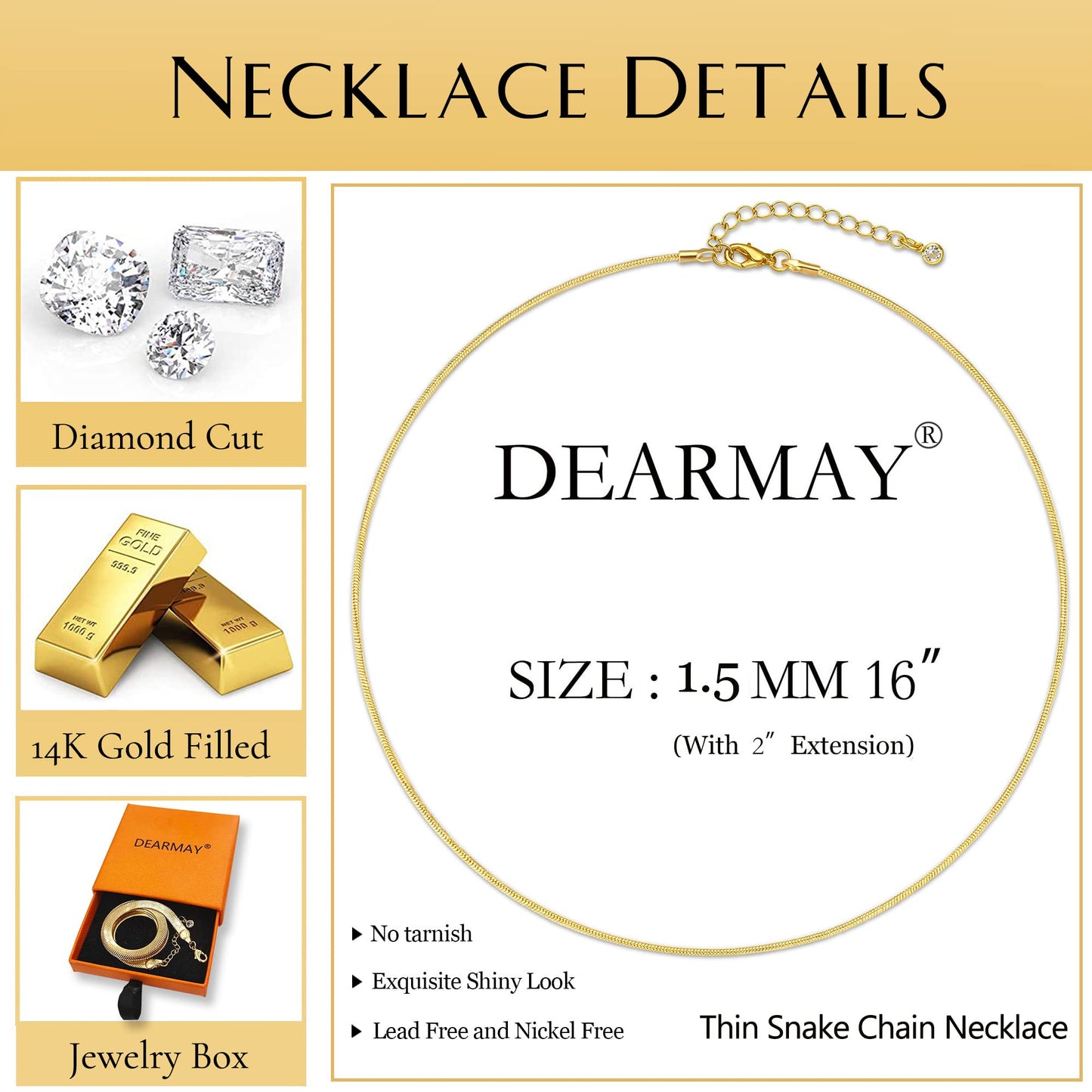 DEARMAY 14K Gold Filled Herringbone Chain Necklace for Women – 1.5MM, 16"